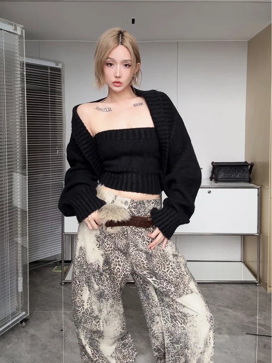 

IAMCPLUS 2025AW Lazy Soft Knitted Cardigan Two-Piece Set Women's Loose Sle Bal Tube Top Long Sve ort Length