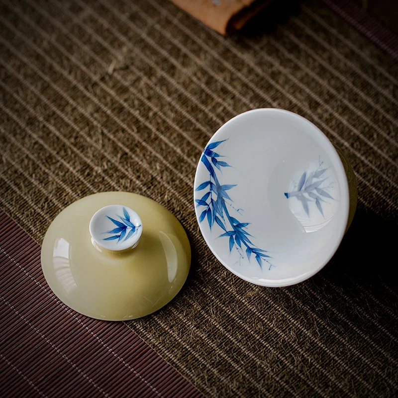 85ml Boutique Pure Hand-painted Bamboo Hidden Ceramic Tea Tureen Covered Bowl Small Tea Cup Household Kung Fu Tea Maker Gaiwan