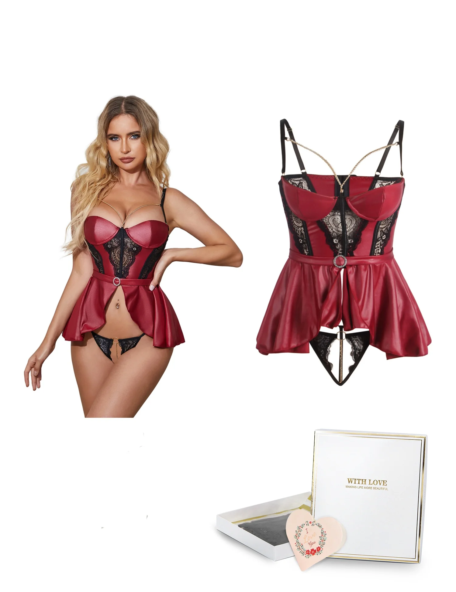 

Gift Box + Burgundy Removable Chains Faux Leather Lace Sexy Lingerie Set