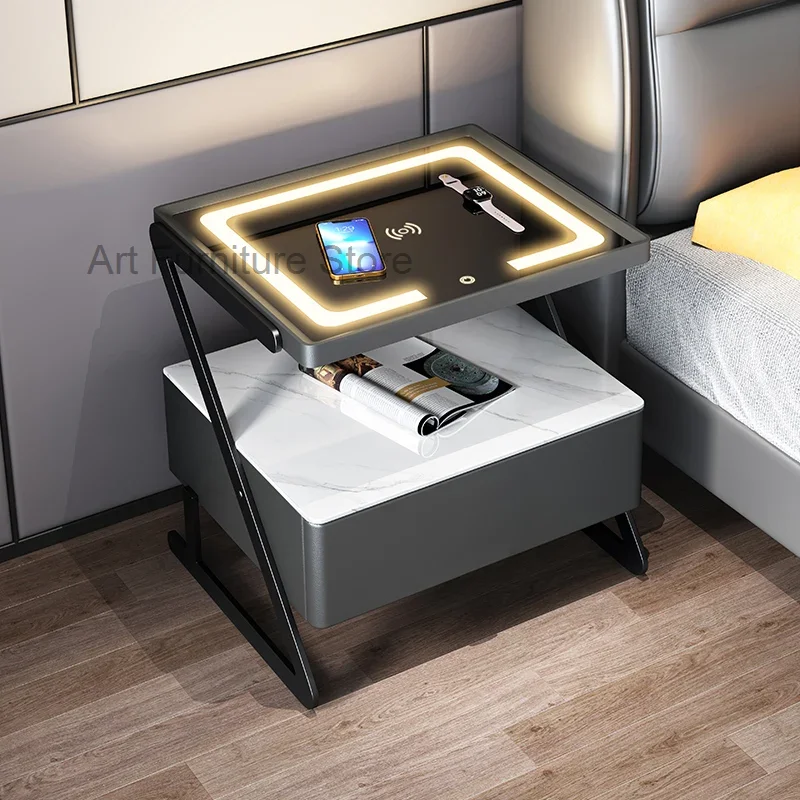 

Storage Modern Nightstands Solid Wood Lamp Lock Simple Bedside Table Drawers Intelligence Table De Chevet Furniture Living Room