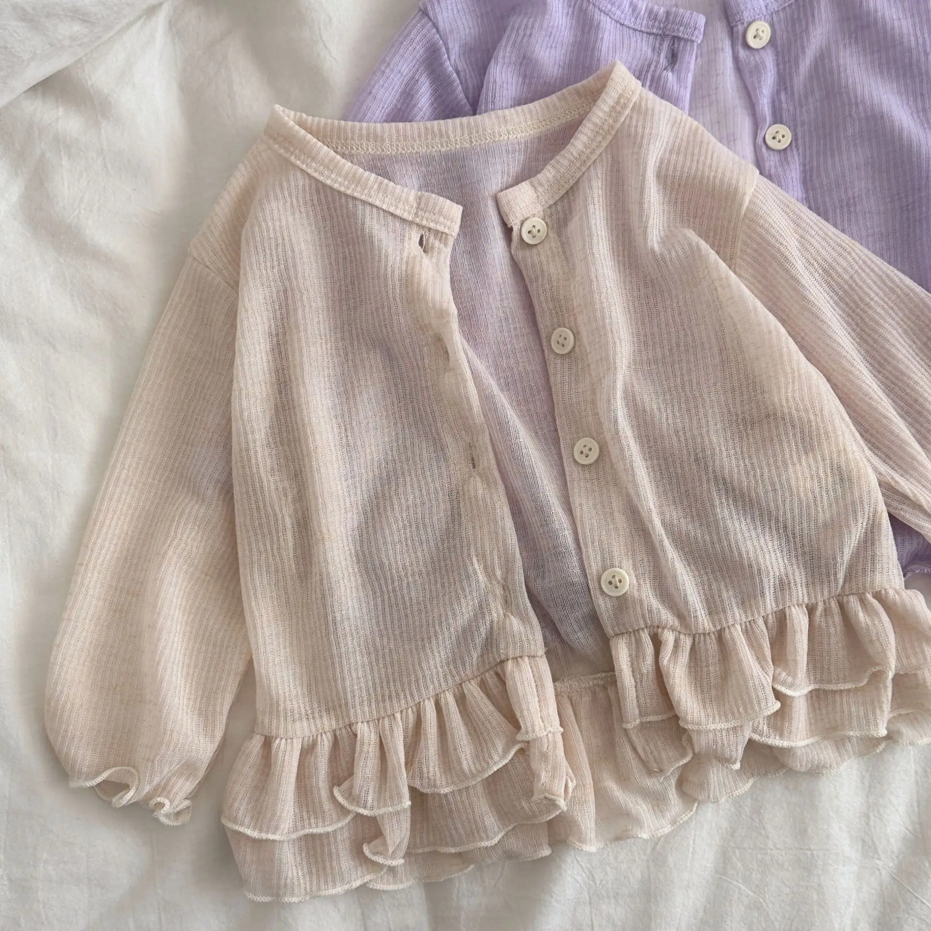 

2026 Summer New Baby Long Sleeve Coat Cotton Girls Cute Sweet Ruffle Sunscreen Clothing Infant Toddler Thin Solid Lace Cardigan