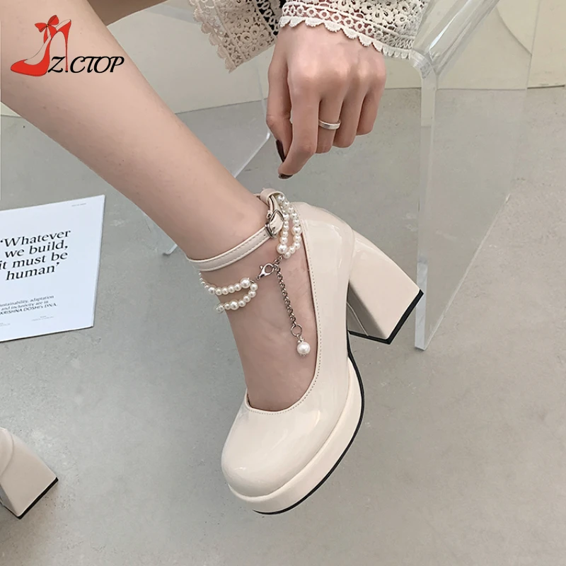 White Platform Heels Ankle Strap Pumps Women Retro Thick High Heel Mary Jane Shoes Elegant Woman Heeled Shoes Party Wedding Shoe