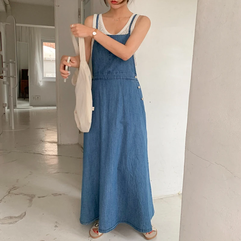 Johnature New Summer Denim Shoulder-straps Long Dress 2024 Casual Korean Loose Pockets Jeans Pockets Women Dresses