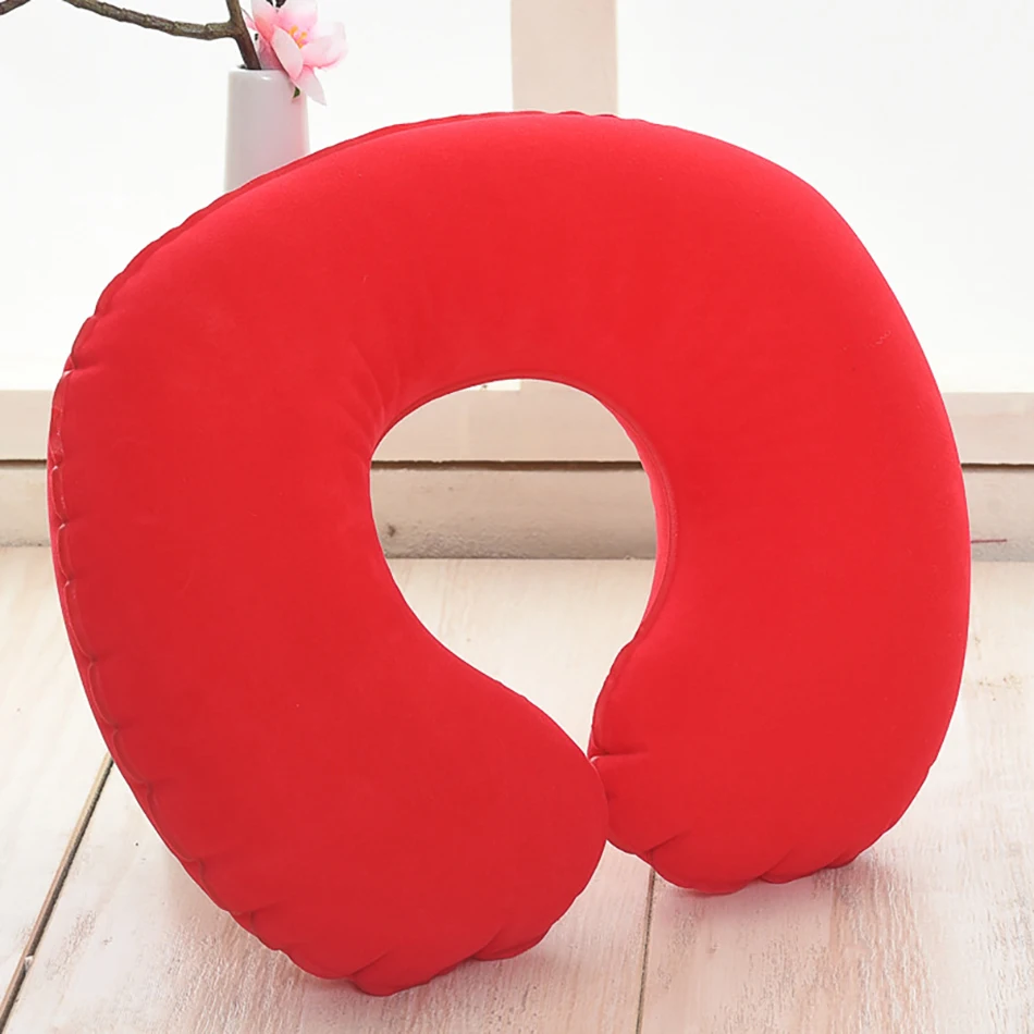 Appui-tête gonflable en forme de U pour bureau et voyage, housse en peluche courte + oreiller gonflable en PVC, coussin de soutien pour le cou