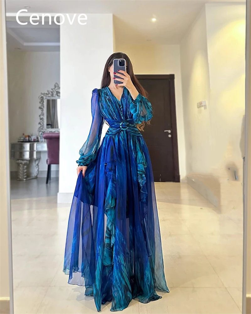 Cenove Blue A-Line  V-Neckline Prom Dress Lace Long Sleeves Evening Summer Elegant Party Dress For Women