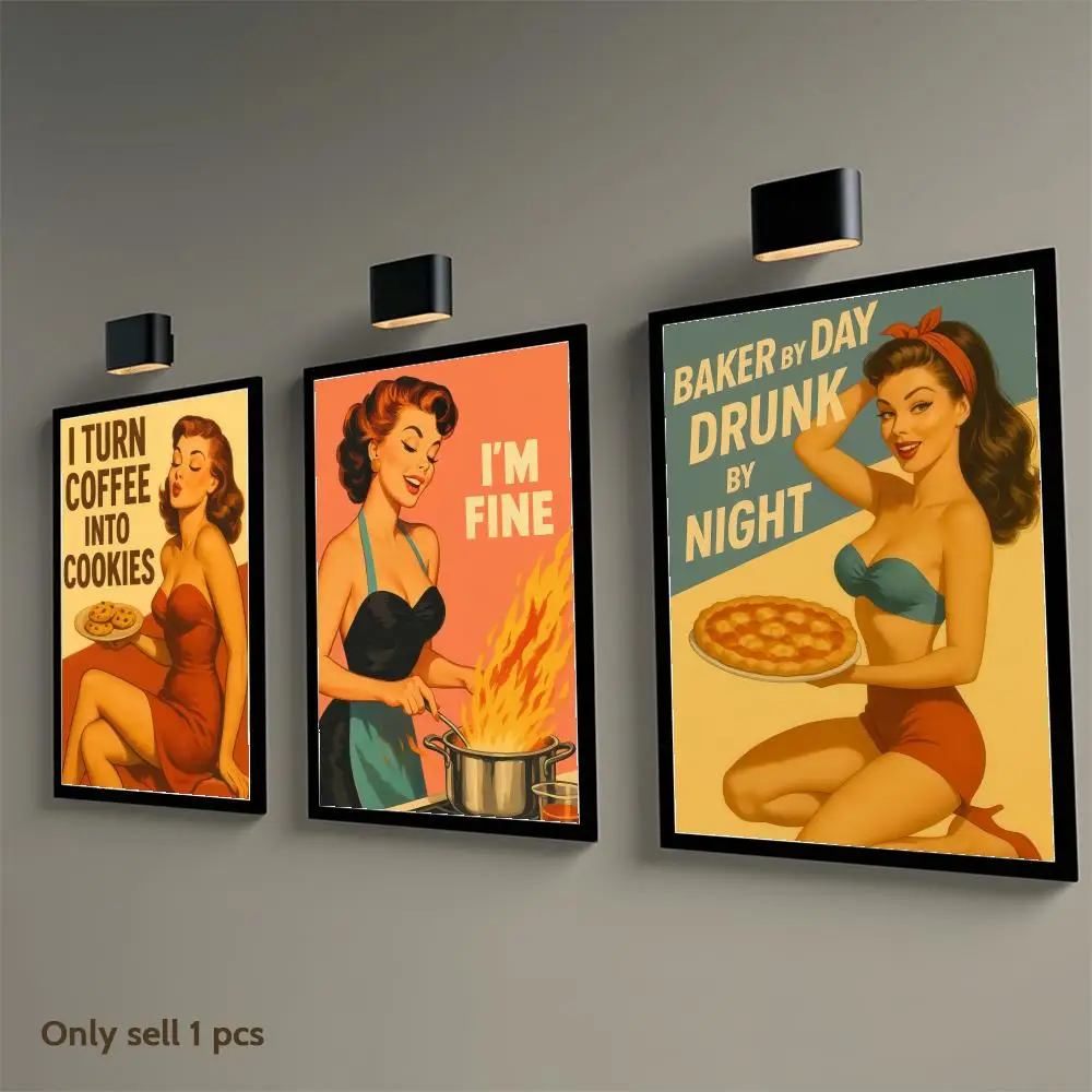Retro Pin-Up Girl with Funny Kitchen Poster Decorative Wall Art Stickers Mural Photo Print for Home Living Room Hallway Decor view 3