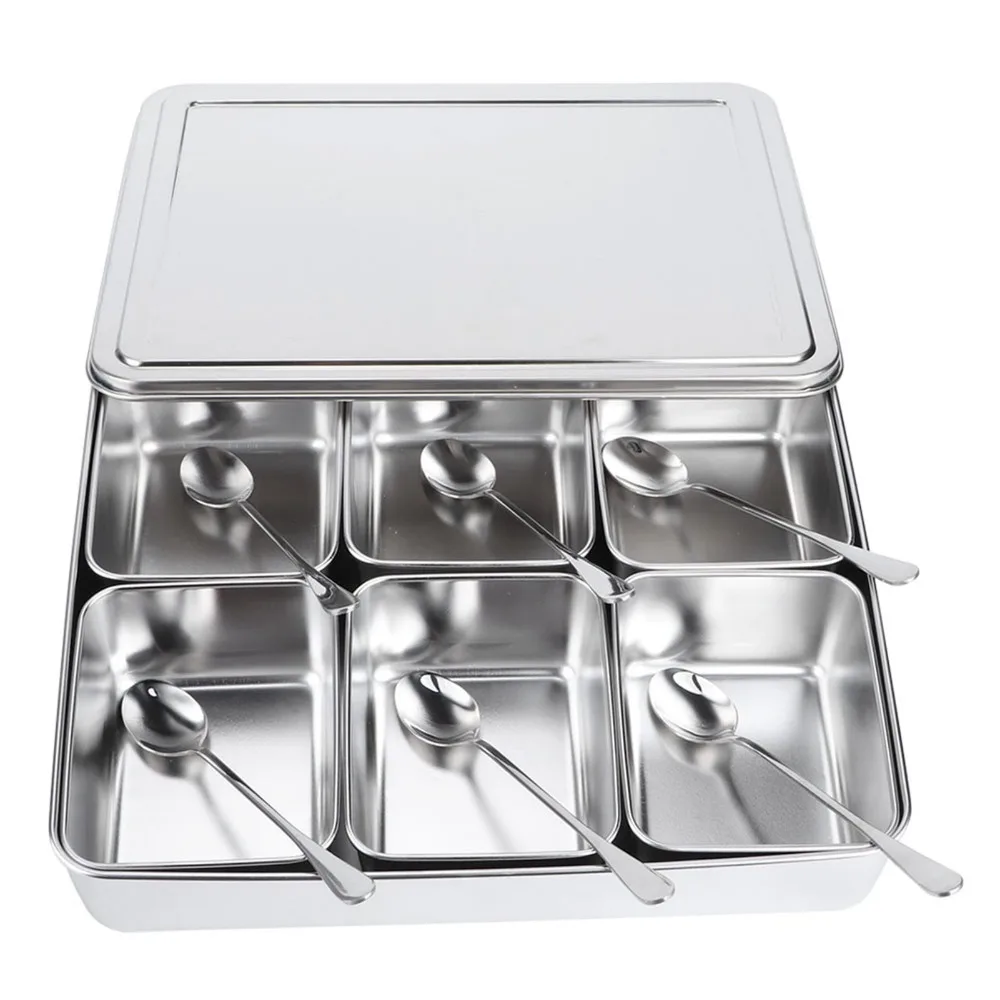 6 Grid Compartments Masala Dabba Spice Container Stainless Steel With Lid And Holder Tray Spice Jar Organizer Set 600ml Per Grid