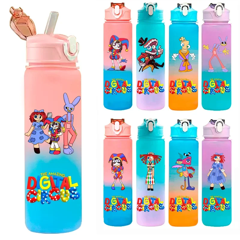 A 750ML The Amazing Digital Circus Cartoon Large Capacity Water Cup Outdoor Leak Proof Water Bottle Portable Straw Water Cup