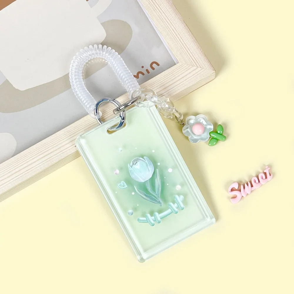 Card Protectors Cartoon Tulip Photocard Holder Transparent Sliding Closure Tulip Idol Photocard Holder Colorful Keychain