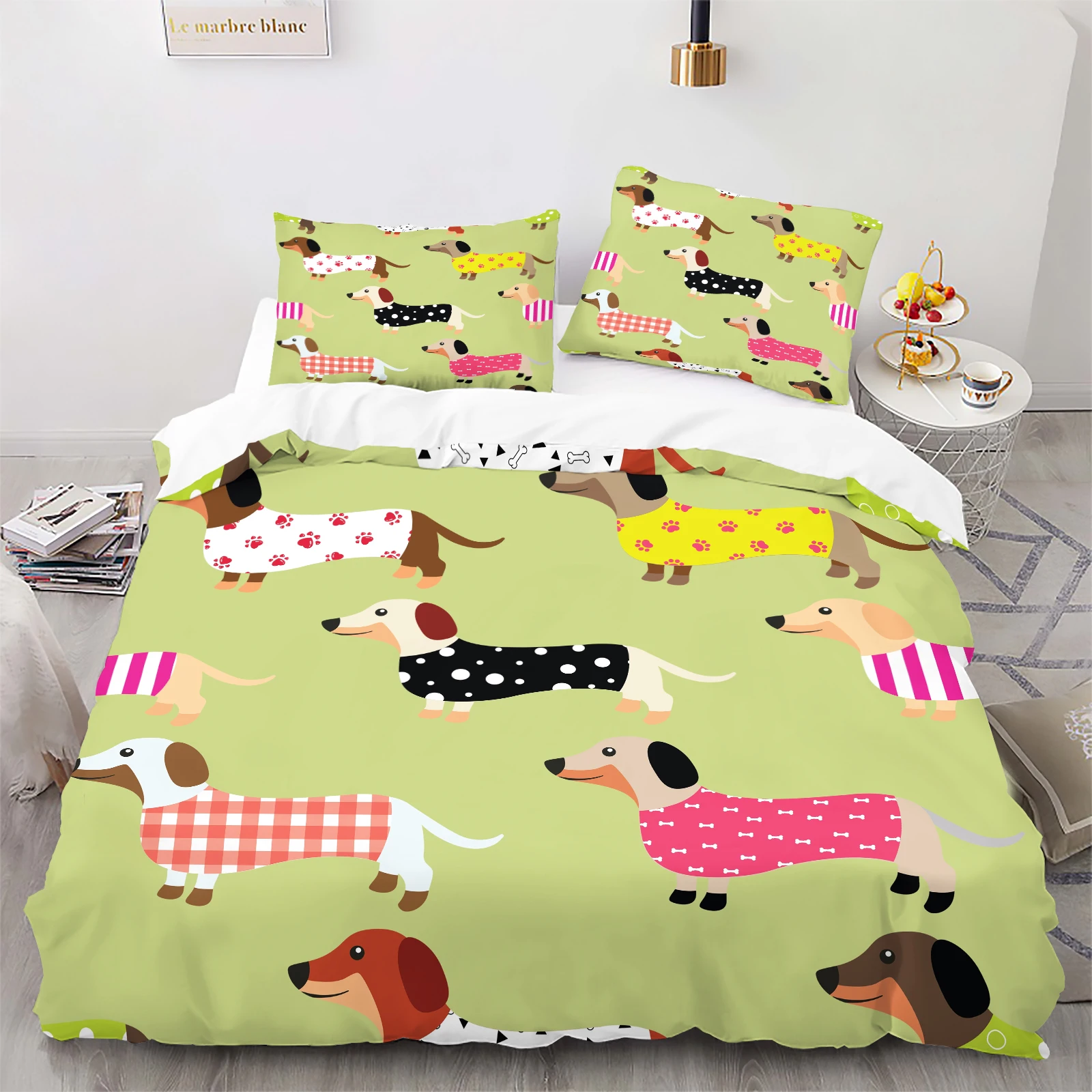 Cute Patterned Dachshund Duvet Set on Green Background. Soft Kawaii Bedding with Paw & Bone Prints for Dog Lovers