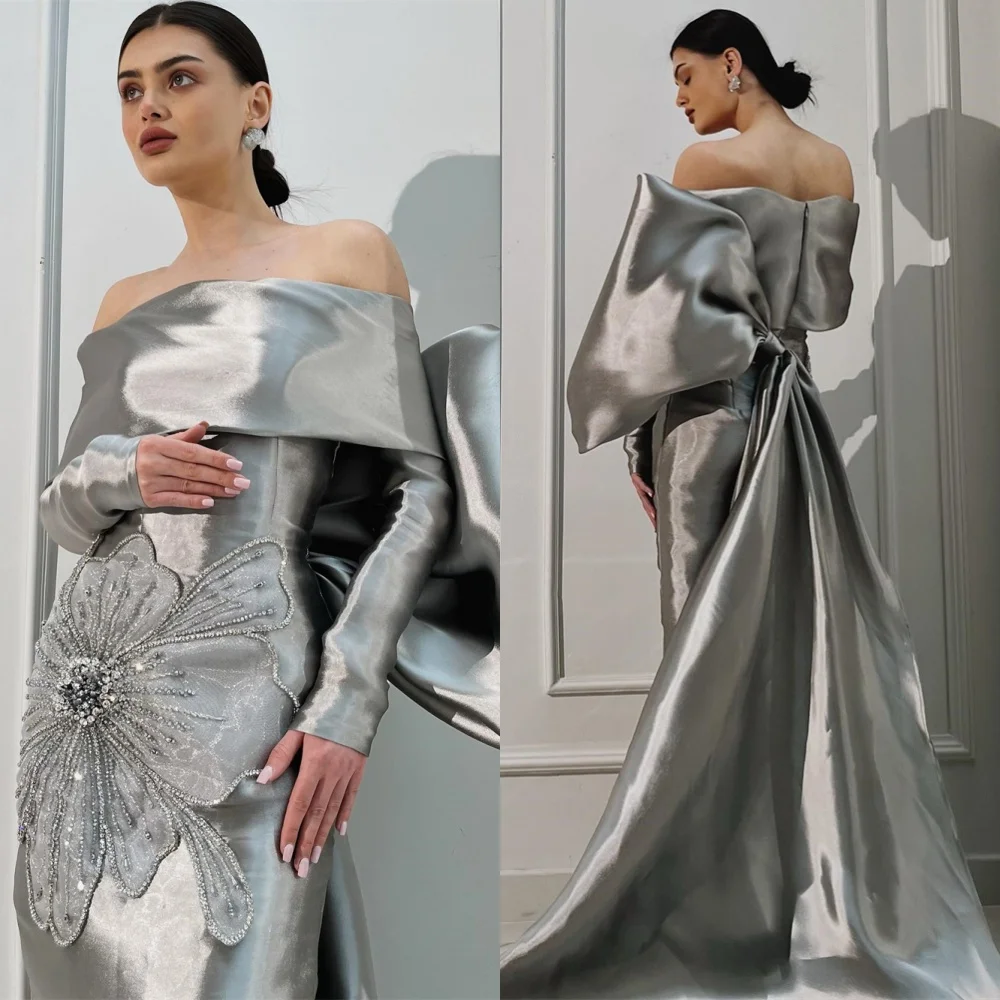 

Customized Sparkly Satin Evening Dresses Classic Off the Shoulder Long Sleeves Homecoming Dresses Modern Special Occasion Gowns