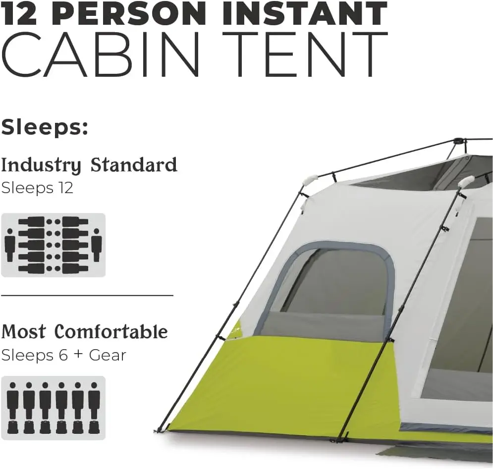 CORE-Instant Cabin Tent with Storage Pockets, portátil, grande, 3 quartos, enorme, família, Camping Acessórios, 12 pessoas