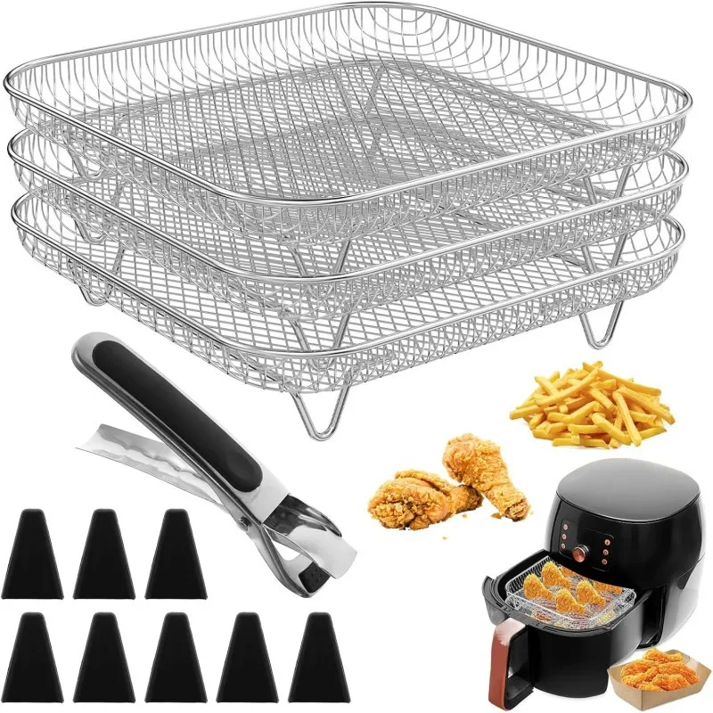 【3-Tier Air Fryer Rack Set】with Heat-Resistant Tongs & 8 Silicone Feet, Stackable Baking Rack for Oven, Grilling, Roasting