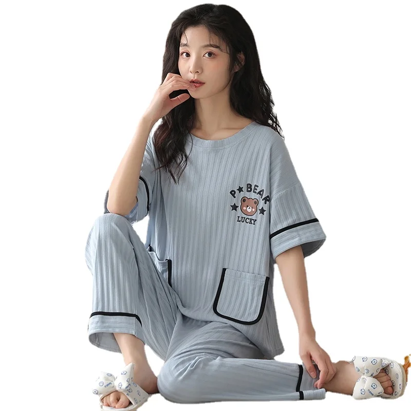 Big 5XL Pajama Sets Short Sleeved Cartoon Bear Dots Knitted Cotton Sleepwear Elegant Women\'s Pajamas Lounge Home Pijama Mujer