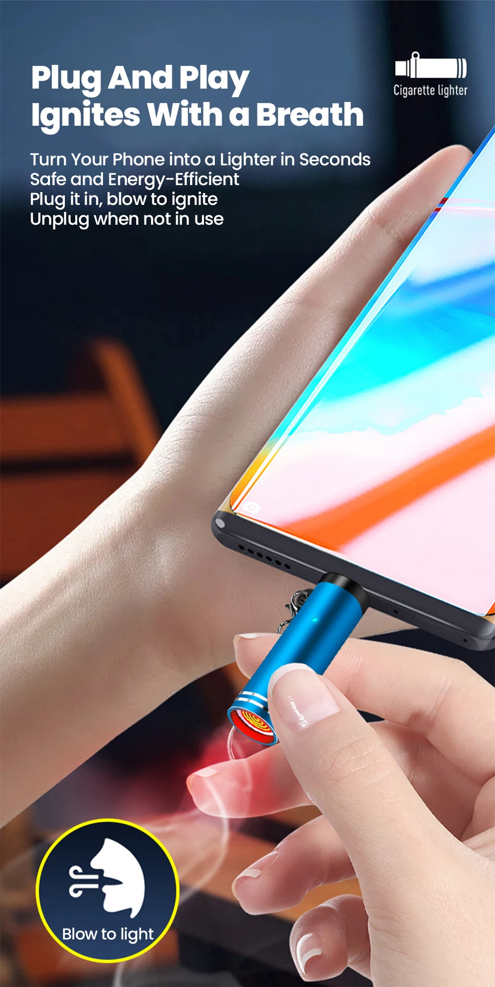 Elough Type C Mini Portable Lighter Air Blast Cigarette Lighter Outdoor Safety Windproof Explosion-Proof Lighter for IPhone15-17