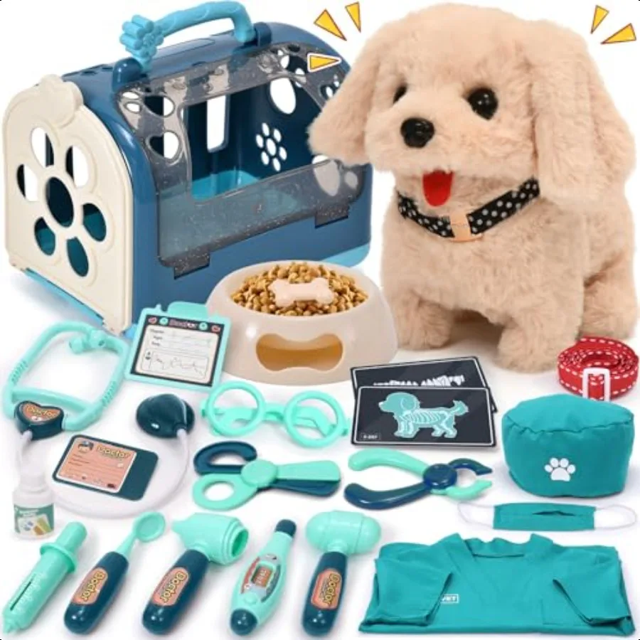 

G.C 22Pcs Dog Toys for Doctor Kit Walking Barking Electronic Interactive Stuffed Dog Vet Kit Costume Pretend Play Puppy Pet Car