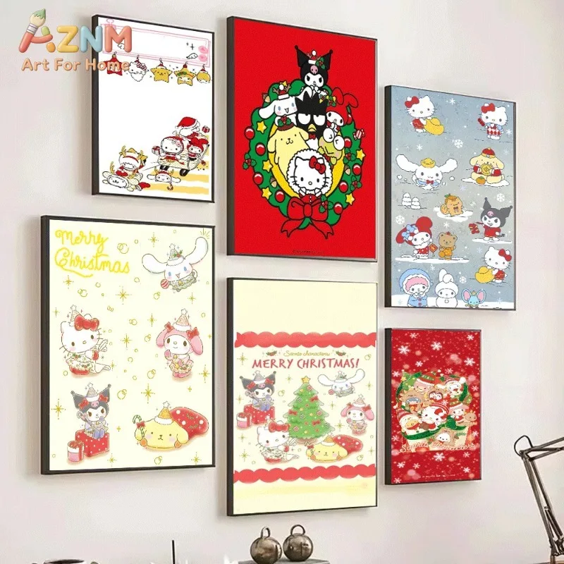 Sanrio Christmas Sleigh Canvas Wall Art Unframed Canvas Poster Kawaii Xmas Cartoon Print for Kids Room Wall Decor Gift