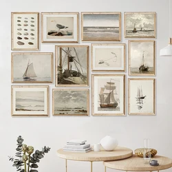Vintage Seascape Print Antique Sailboat Painting Canvas Poster Retro Nautical Gallery Wall Pictures Neutral Coastal Home Decor