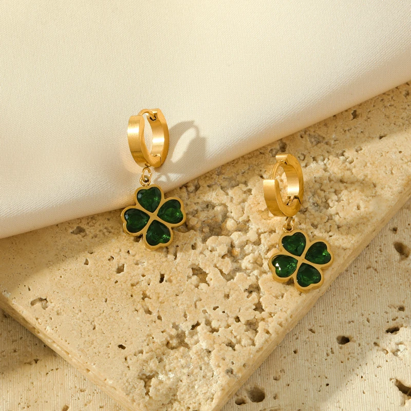 GANEMLY 316L Stainless Steel Green Clover Crystal Earrings For Women Fashion New Party Gift Ear Dangle Waterproof Jewelry Bijoux