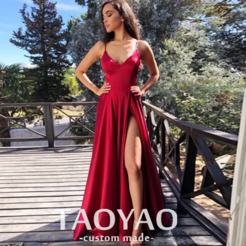 

Prom Gowns Sexy Burgundy Prom Dresses High Slit Simple Satin Cheap Evening Dress Vestidos De Fiesta De Noche Spaghetti Straps