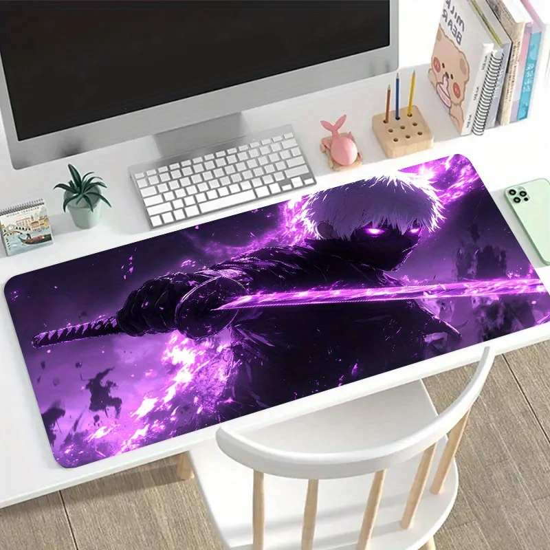 

Большой игровой коврик для мыши с изображением беловолосого ниндзя в боевой позе с мечом, окруженного пурпурным пламенем.