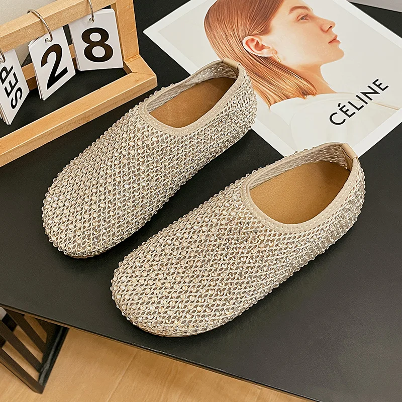 

Women's Black Rhinestone Mesh Flat Shoes Peep Toe Low Cut Slip-On Microfiber Breathable Comfortable Casual Summer Shoes