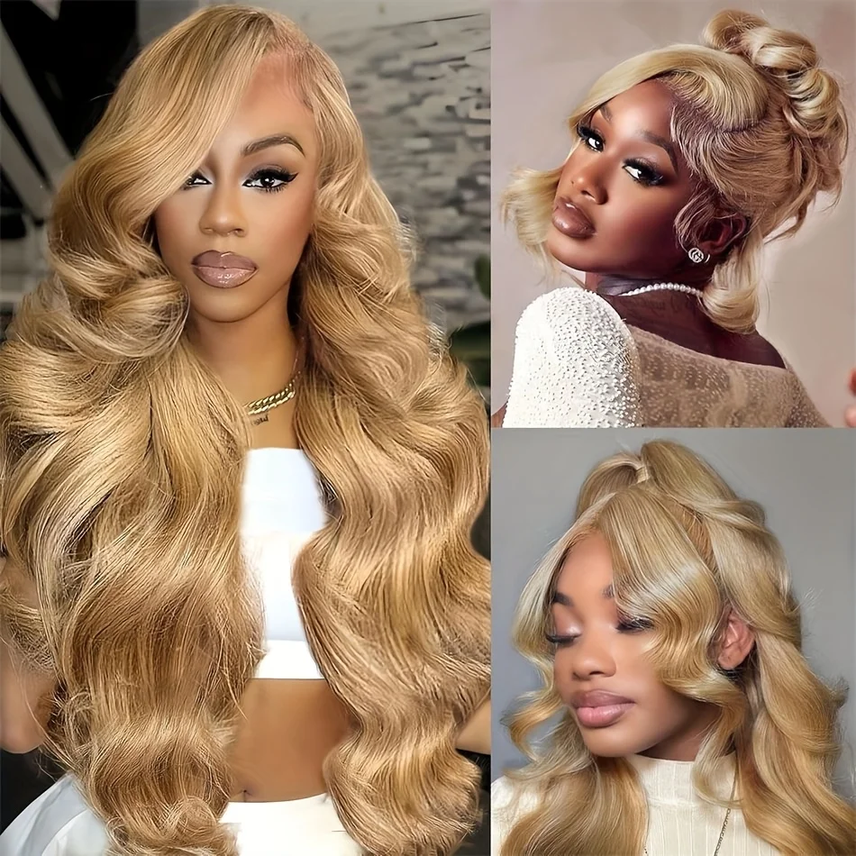 32 Inch Honey Blonde Wig Human Hair Wig 13x6 Transparent Lace Frontal Wigs Pre Plucked Body Wave Wig 200% Density #27 Colored