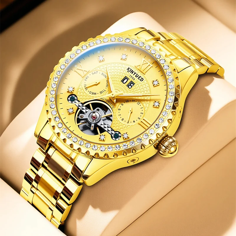 KINYUED الأعمال توربيون ساعة الرجال الذهب ساعات آلية أوتوماتيكية مقاوم للماء العلامة التجارية الأعلى مضيئة الرجال ساعة جديدة Reloj Hombre #1