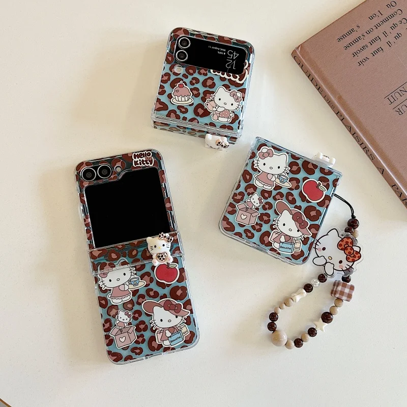 Étui de téléphone Hello Kitty tridimensionnel imprimé léopard de dessin animé mignon pour Samsung Z Flip 7 6 5 4 3 résistant aux chocs avec lanière