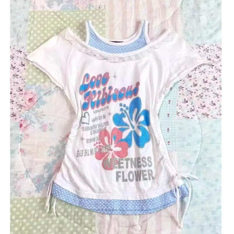 تي شيرت هاراجوكو عتيق برقبة على شكل V بدون ظهر تي شيرت نسائي صيفي غير رسمي من الجرونج تي شيرت نسائي مرقع Y2k تي شيرت قصير ثقافة فرعية أنيق #5