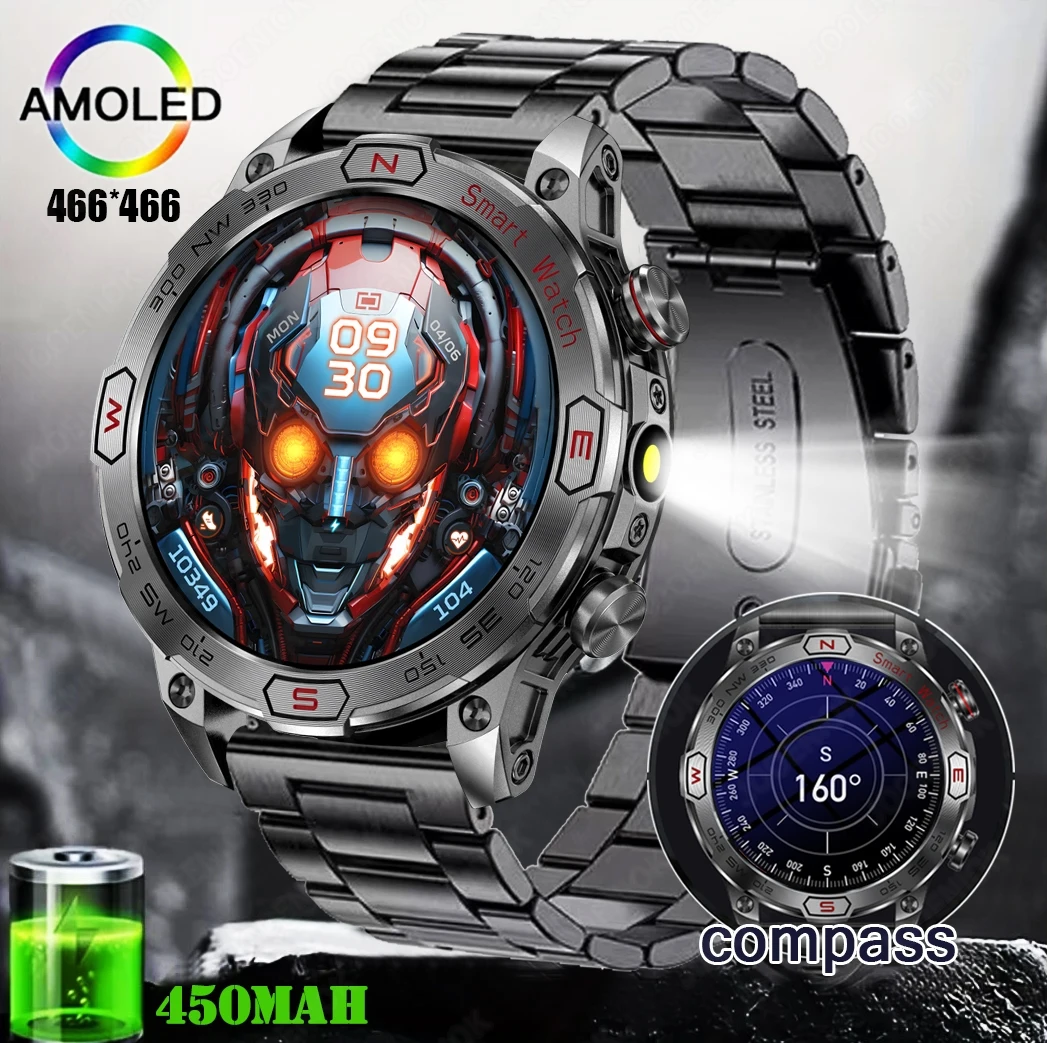 

Смарт-часы для занятий спортом на открытом воздухе, мужские AMOLED HD-экран, компас, фитнес-трекер, аккумулятор 450 мАч, Bluetooth-вызов, умные часы, Android IOS