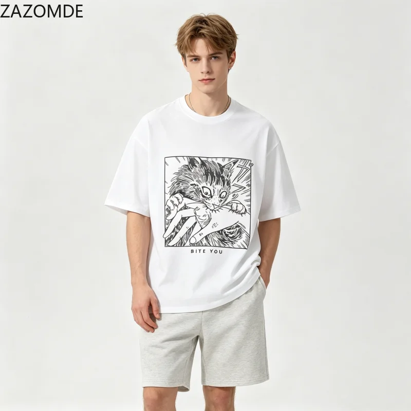 ZAZOMDE Vintage Line Art Fierce Cat Bite Hand Print Tshirt Soft Cotton Loose Crew Neck Short Sleeve Retro Punk Daily Wear Tees