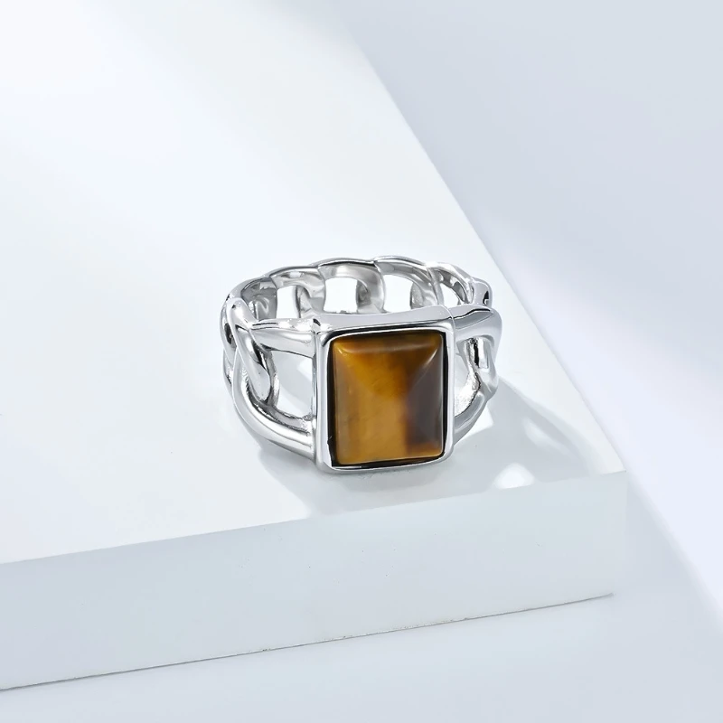 Kubanische Kette Tigerauge Stein Geometrische Ringe Titan Stahl Männlich Weiblich Personalisierte Hip Hop Mode Ring Schmuck – Detail 4
