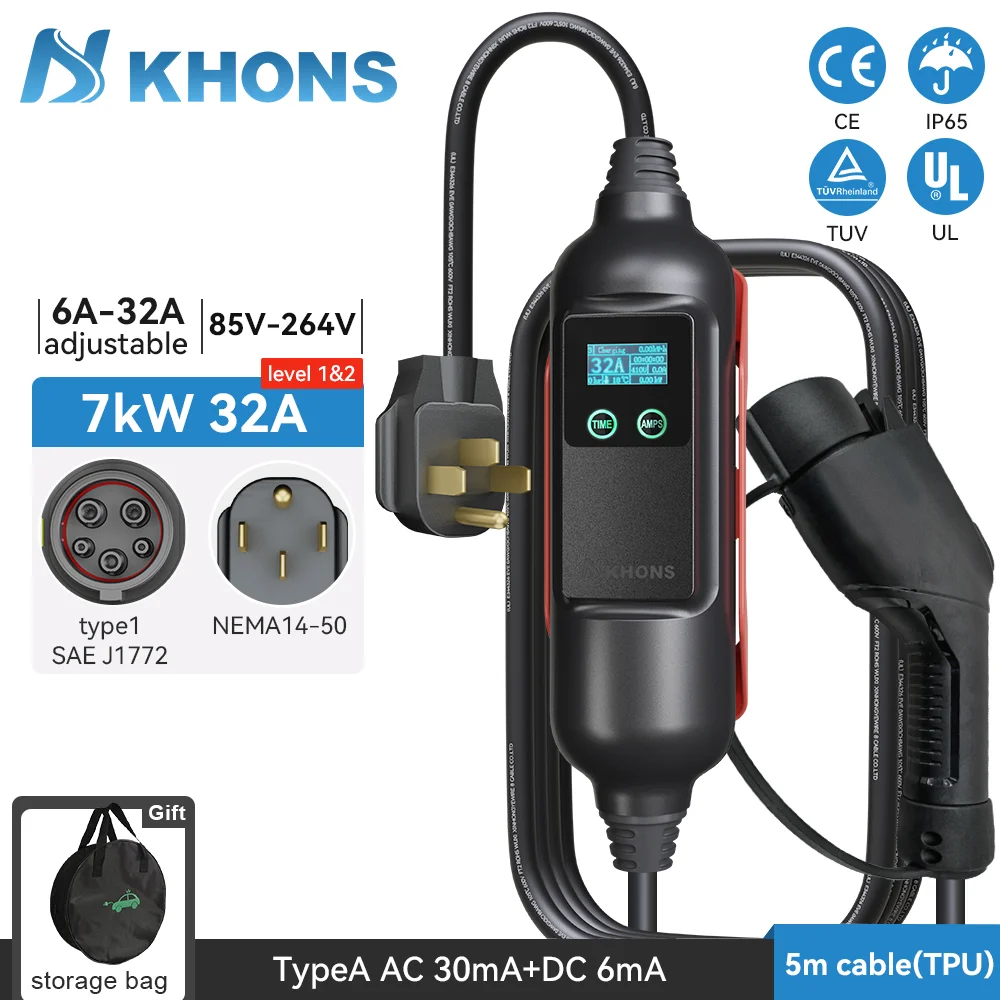 Khons Type1 Portable EV Charger Wallbox  j1772 32A Electric Car Charger 7KW 1Phase EVSE Charging For Electric Vehicle 5m Cable