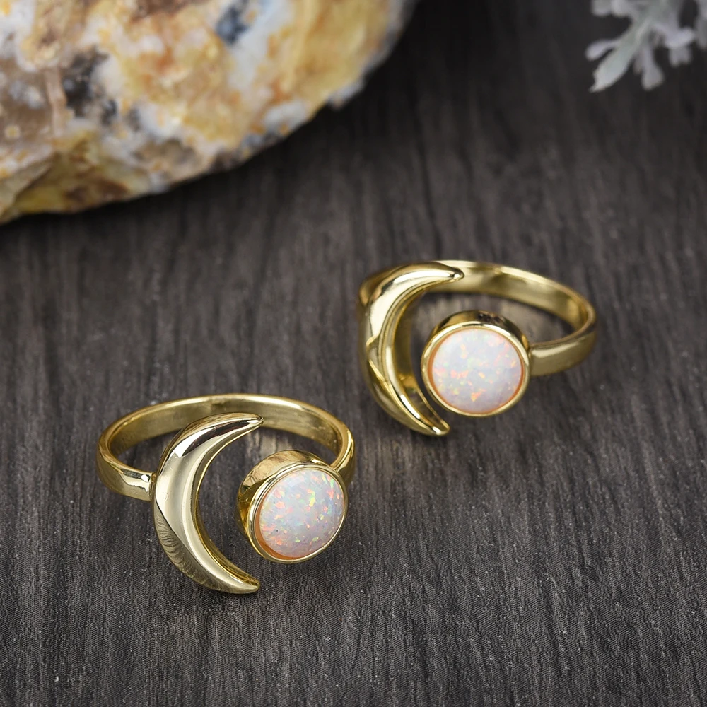 

Fashion 18k Golden Plated 9mm Round White Opal Ring for Women, Moon Gemstone Open Ring, Natural Stone Adjustable Ring Jewelry