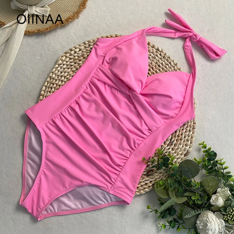 

OIINAA One Piece Swimsuit Women Neck-mounted Beachwear Pleated Cross Hot Spring Swimwear Summer 2025 New Korean Fashion Biquinis
