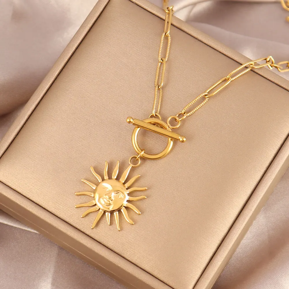 316L Stainless Steel Sun Pendant Necklace for Women Heart Choker Necklaces Punk Chain Necklace Jewelry