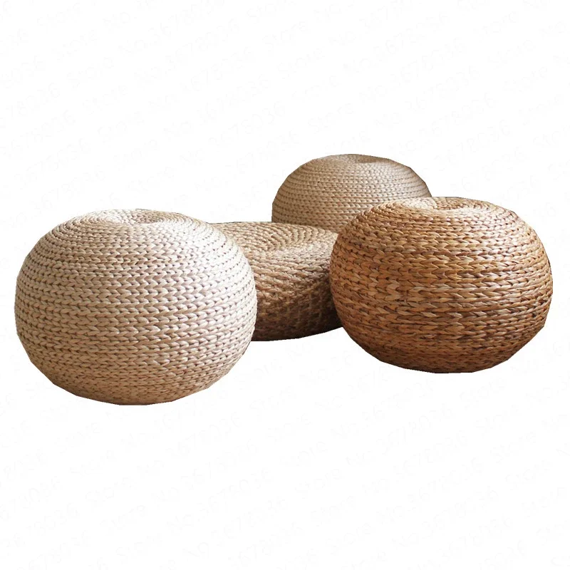 Japanese style natural straw stool sitting seat living room Spherical round  stool rattan cushion natural hand woven foot stool