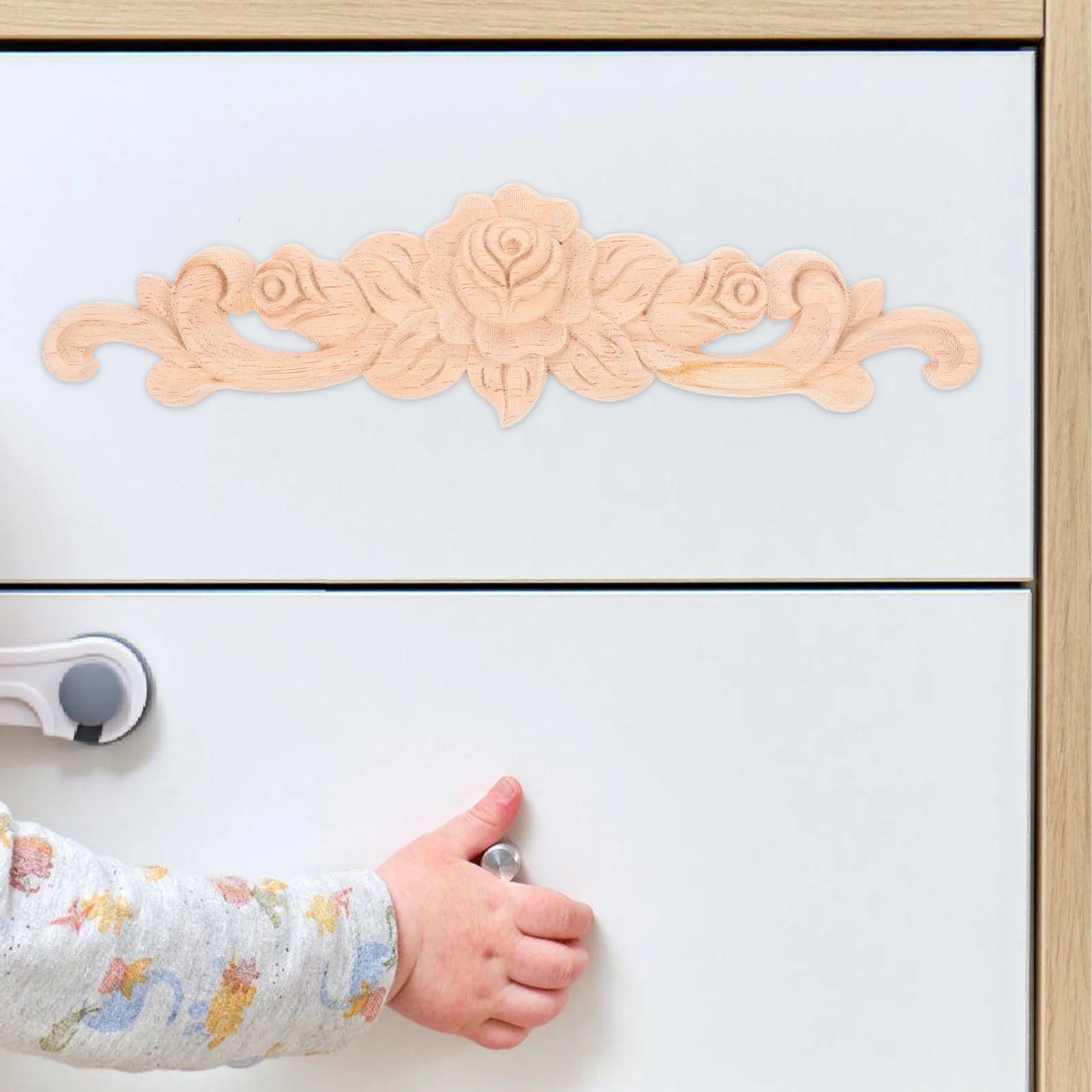 

2Pcs Wood Carved Rose Appliques Horizontal Floral Onlays for DIY Furniture Wall Decor Dresser Closet Enhancement Natural Wood