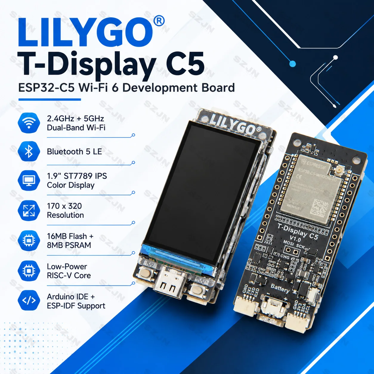 LILYGO T-Display C5 ESP32-C5 WiFi 6 Development Board 1.9 Inch IPS LCD Dual Band 2.4GHz 5GHz 16MB Flash 8MB PSRAM