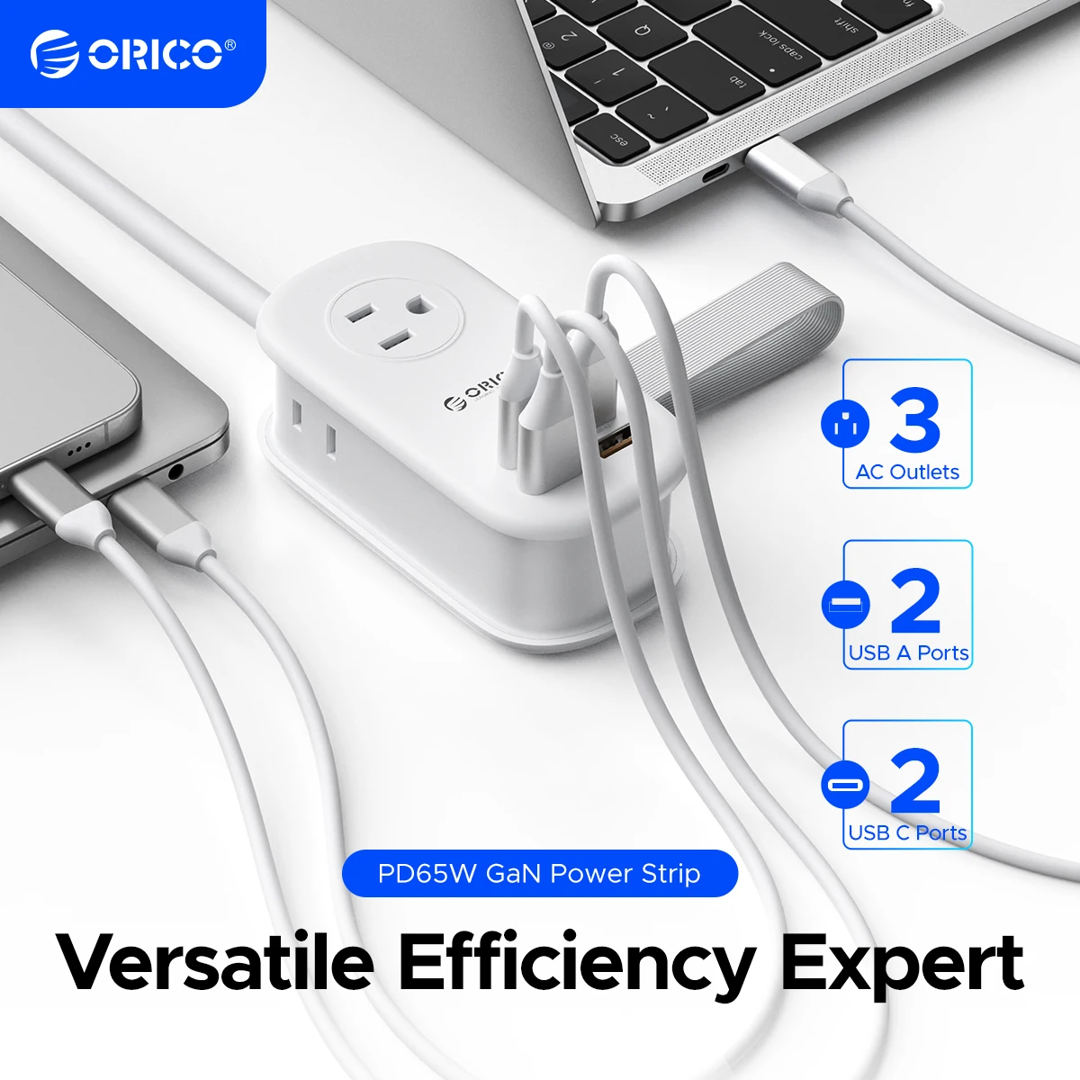 ORICO 7-in-1 Plug 65W GaN Power Strip 3AC 2USB-C 2USB-A Fast Charging 1.27M Extension Cord for Laptop/Phone/Tablet Charging