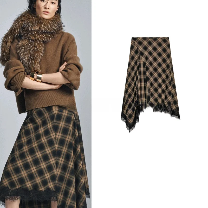 

Winter New Women's Asymmetric Hem A-Line Midi Skirt Color Blo Lace f-length Polyester Fiber Ci Commute Che Pattern