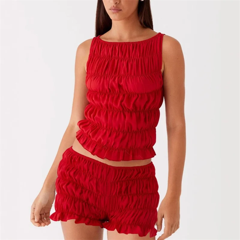 Women Summer O-neck Folds Tank Tops+Shorts Suit Sleeveless Slim Solid Tees Ruched Shorts Beach Style Fashion 2pcs Sets Outfits