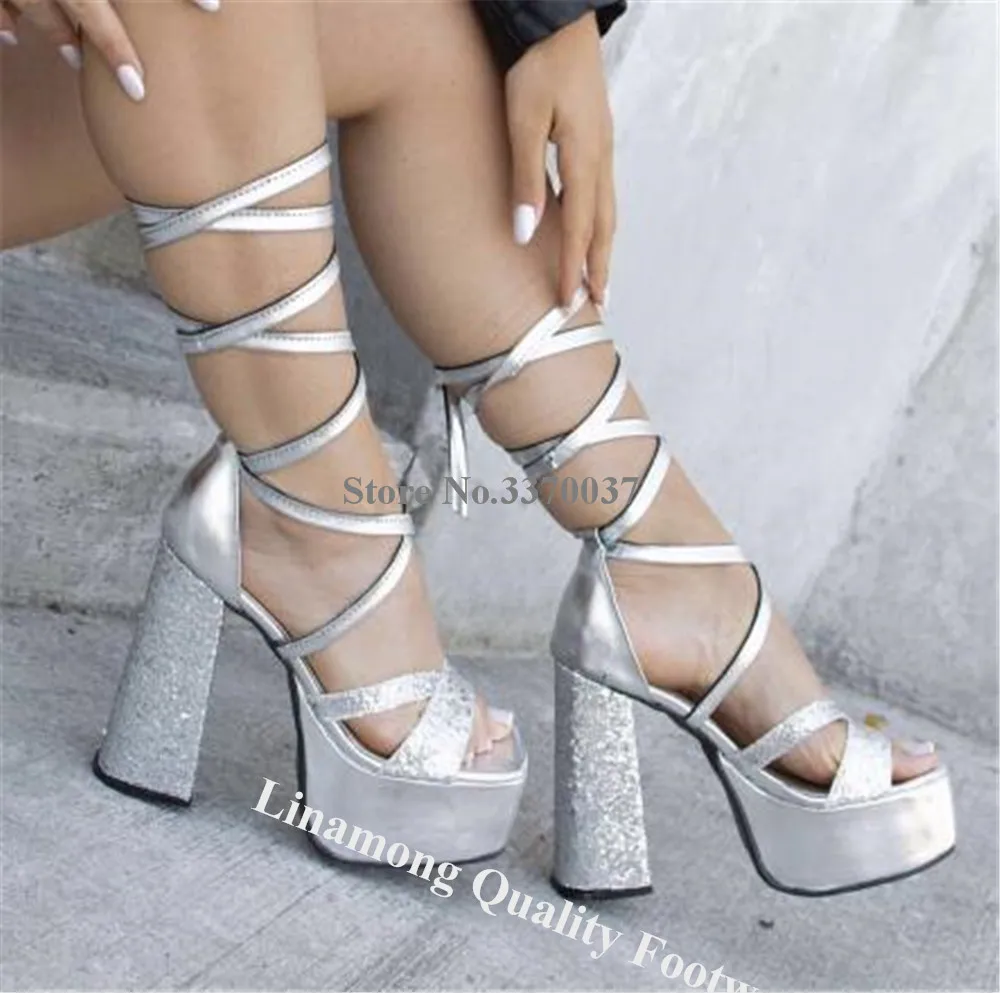 Linamong Shining Silver Patchwork Gliiters Chunky Heel Sandals Straps Cross High Platform Thick Heel Sequined Wedding Heels