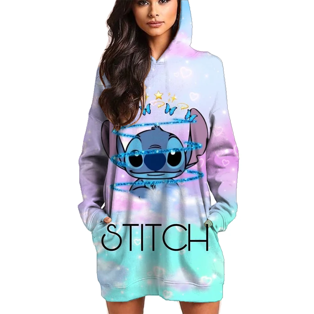 Ladies Sweater Christmas Printing Disney Stitch Round Neck Long Sleeve Hooded Sweater Dress Simple Fashion Ladies Clothing New