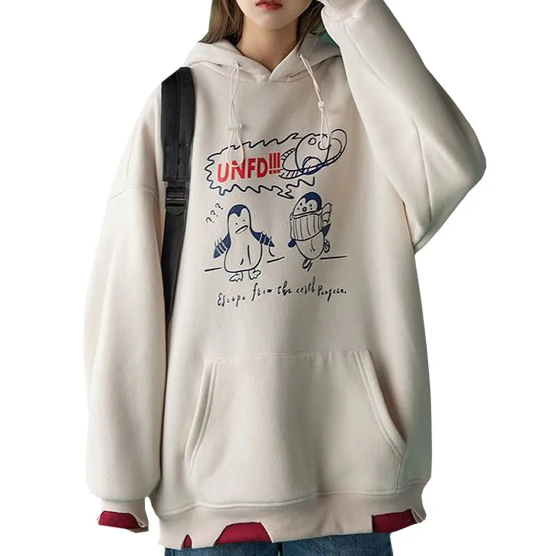 

Winter Fake Two Trendy Ins Korean Stitching Thick Female Hoodies Cute Dancing Cartoon Penguin Sweatshirt Apricot Woman's Pullove