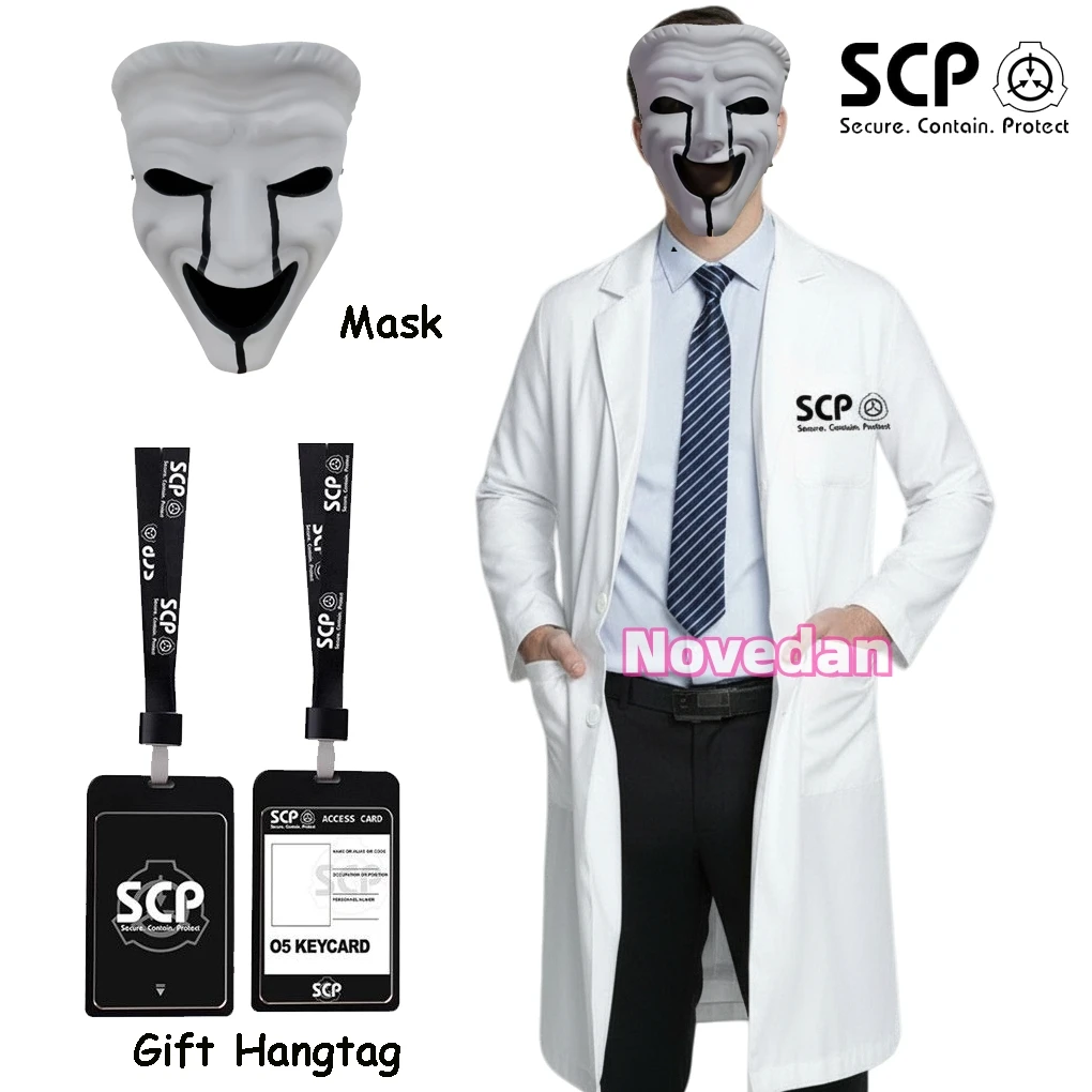 Anime Secure Contain Protect SCP Kostüm Maske Männer Frauen SCP Cosplay Kleidung Weiße Jacke Foundation Uniform Arzt Labor Mantel
