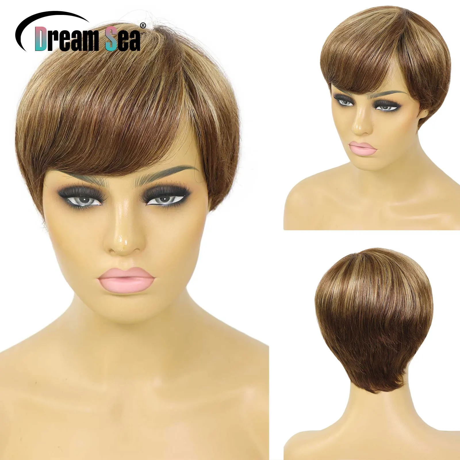 # 4/27 블론드 하이라이트 숏 픽시컷 가발 여성용 인모 레이어드 가발 페루산 밥 풀 머신 메이드 가발 150% 밀도