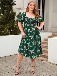 GIBSIE Plus Size Floral Print Puff Sleeve Boho Dress Women Summer Casual Holiday Beach Swing Female Knee Length Dresses 2024