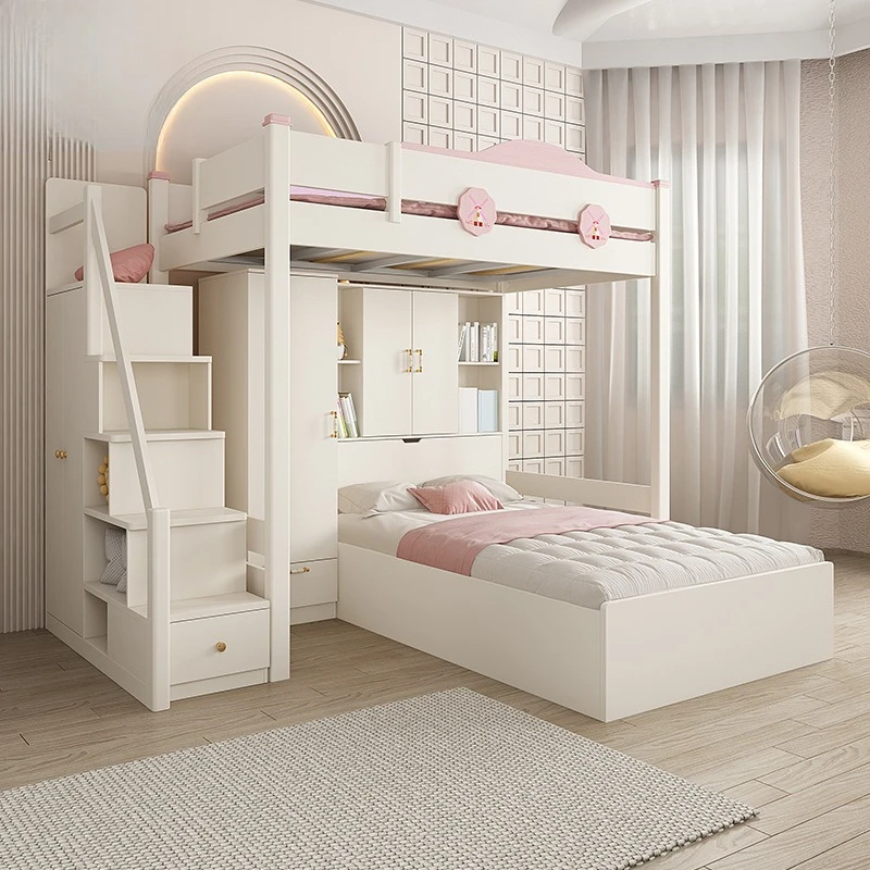 Functional children's bed combination bed, double-layer bunk bed, two-tier bunk bed, small apartment with staggered wardrobe and